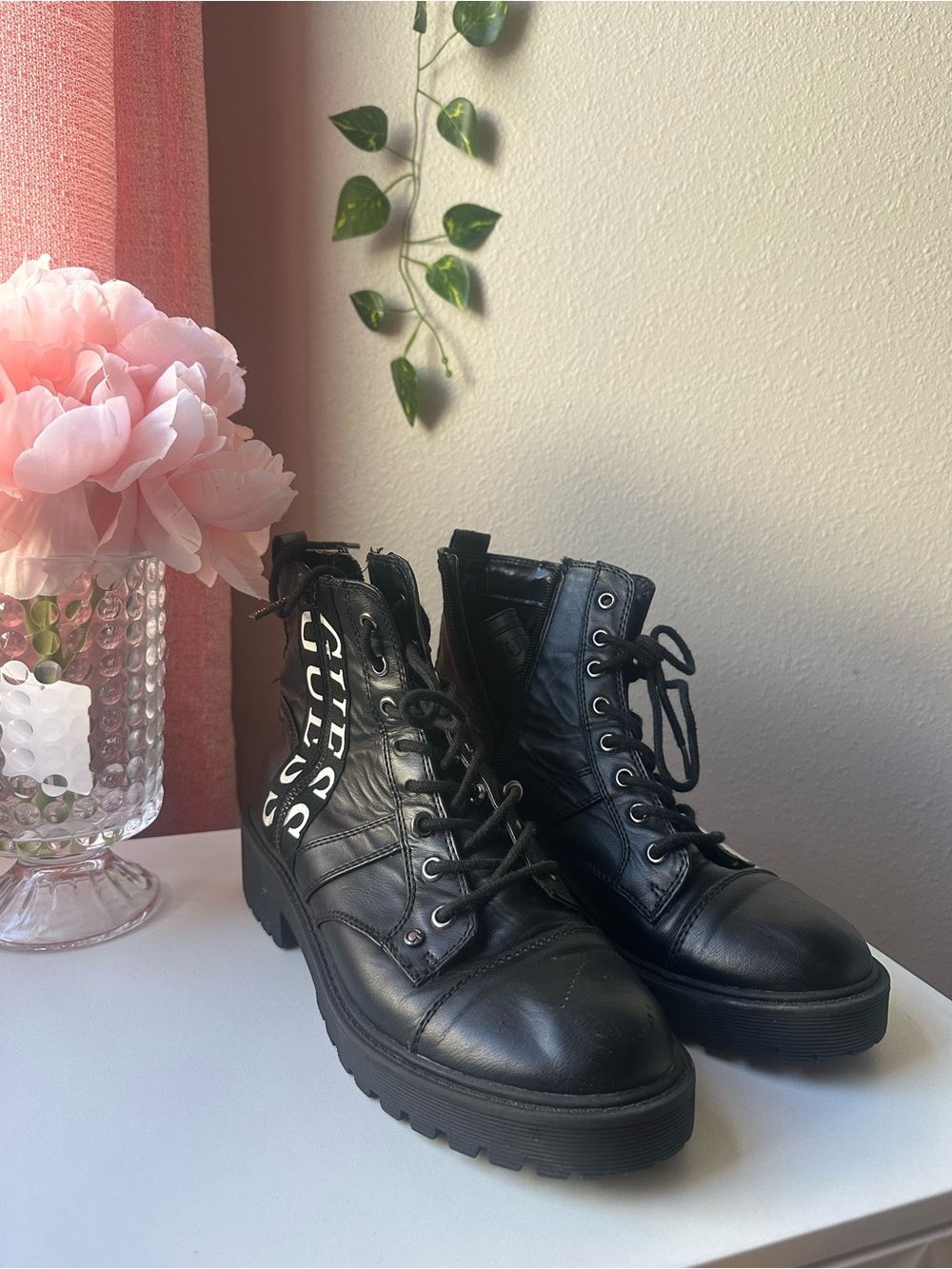 Guess Black Leather Lace-Up Combat Boots with Side Logo
